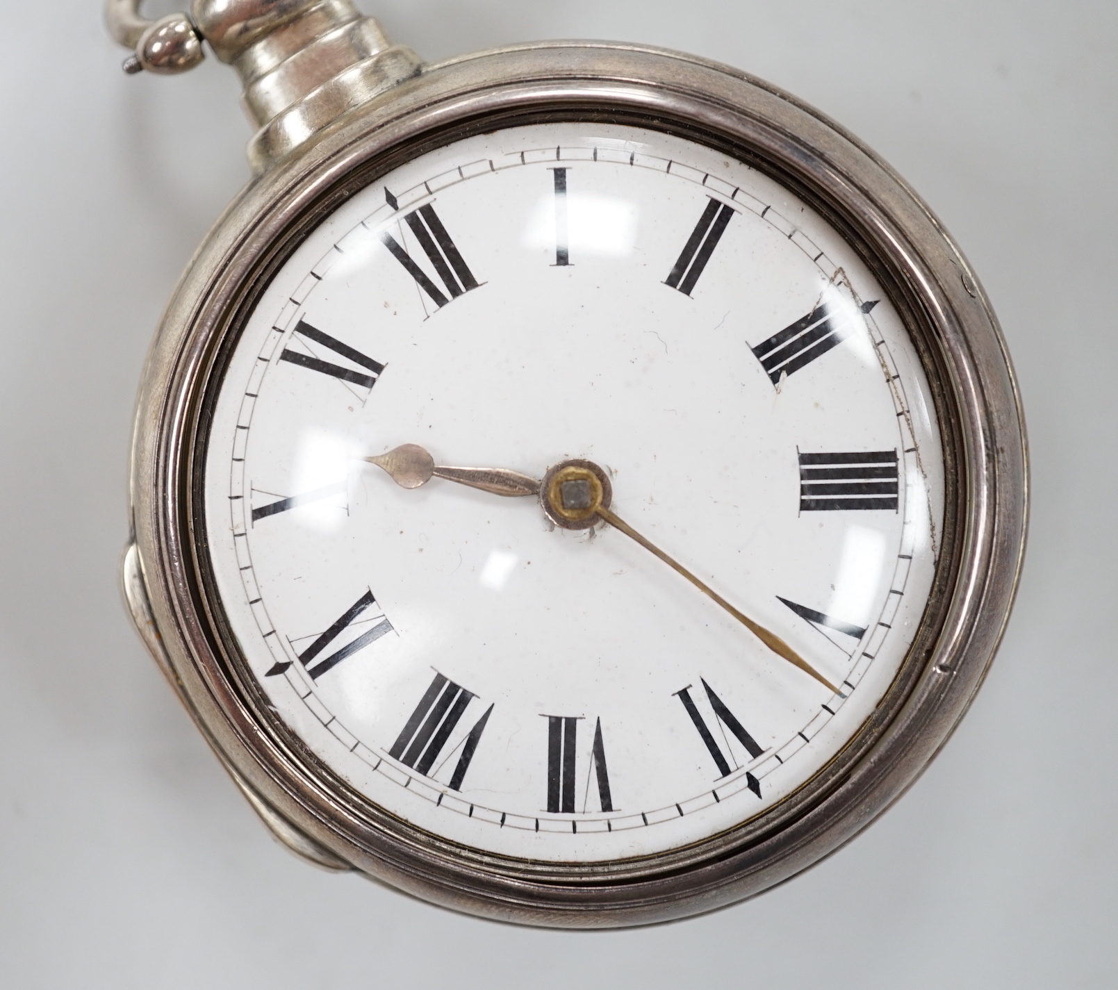 A 19th century silver pair cased keywind verge pocket watch, by Bryant of Buckenham, case diameter 55mm.